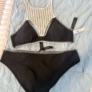 Victoria's Secret Black Bikini with Cream Crochet High-Neck